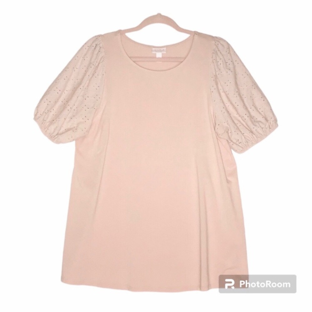 Isabel Blush Light Pink Maternity Tunic Blouse Eyelet Puff Sleeves Large